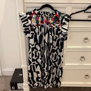 JODIFL Black and White Dress with Multicolor Embroidery
